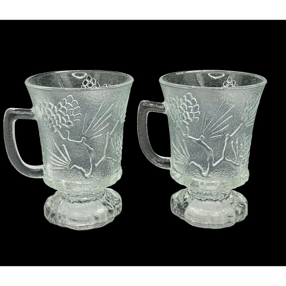 Vintage Tiara Ponderosa Pine Footed Crystal Clear Glass Mugs